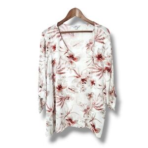 Croft & Barrow Abstract Floral Print Asymmetric 3/4 Sleeve Roll-Tab Blouse